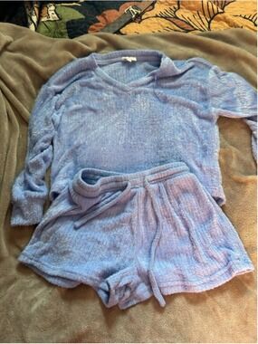 Women's Hippie Rose Blue Fuzzy Pajama Set M